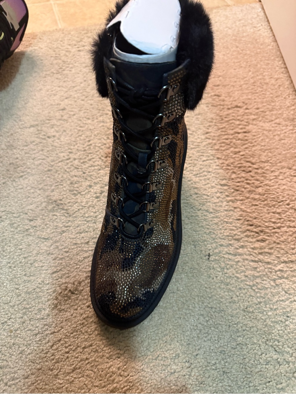 Jessica Simpson Black Faux Fur Lace-Up Combat Boot with Sequin Camouflage